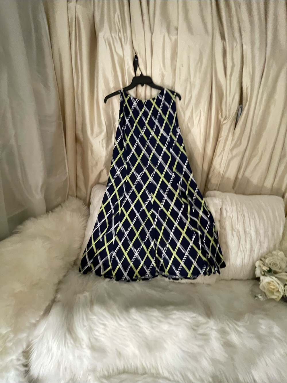 Perceptions Navy Plaid Halter Dress with Lime & White Accents. Size Extra large